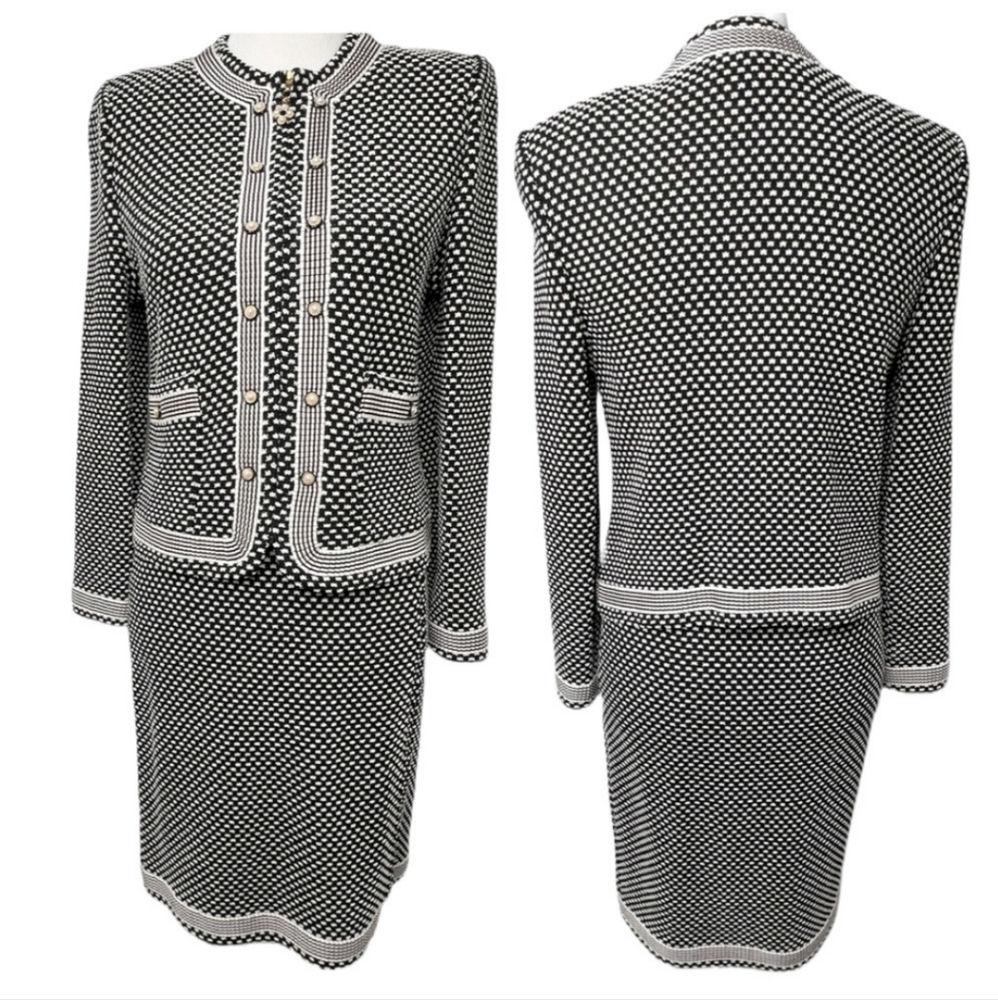 St. John Collection Black & White Wool Knit Wool Blazer Jacket & Skirt Size 2